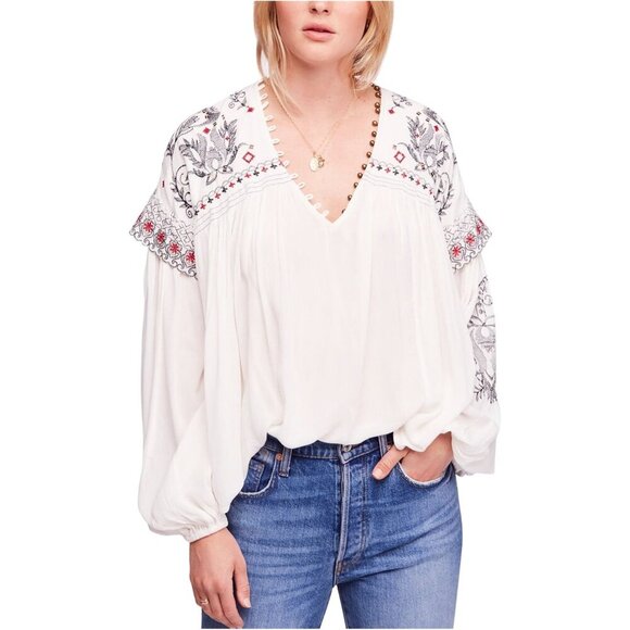 ICONIC BOHO WESTERN FREE PEOPLE EMBROIDERED STUDDED V NECK BLOUSE OFF WHITE SZ M - Picture 6 of 16